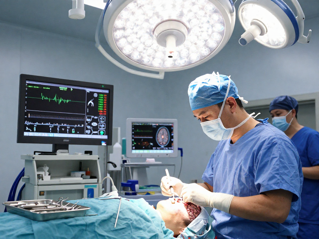 Beyin tümörü ameliyatı in a sterile high-tech surgical room with surgeon and nurse focusing on patient care.