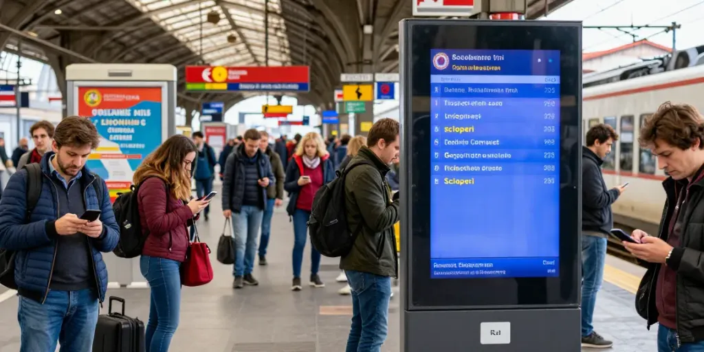Commuters at an Italian railway station receiving sciopero alerts on their smartphones.