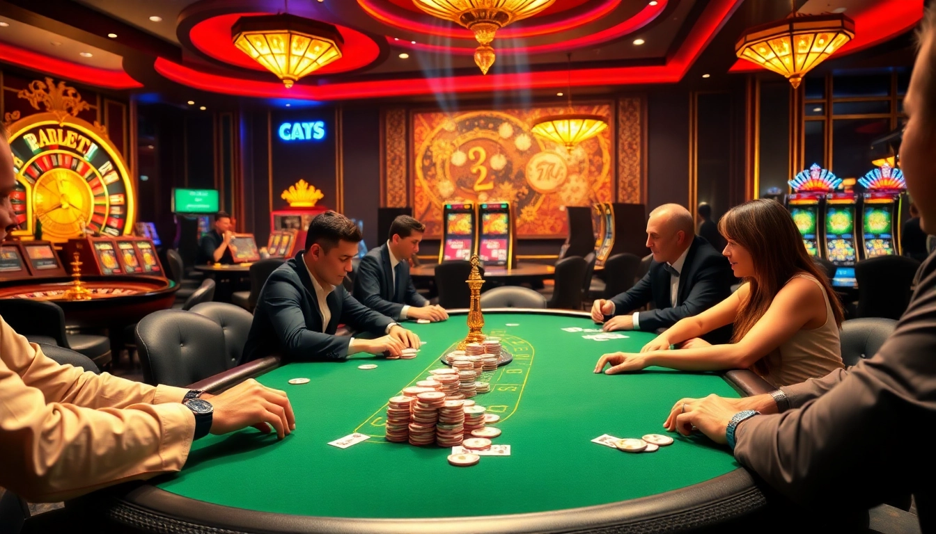 KPI4D poker players strategizing at a luxury casino with vibrant slot machines and roulette.