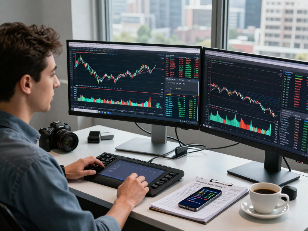 使用TradingView进行行情分析的交易员在专业办公空间中，展示股票和外汇图表。