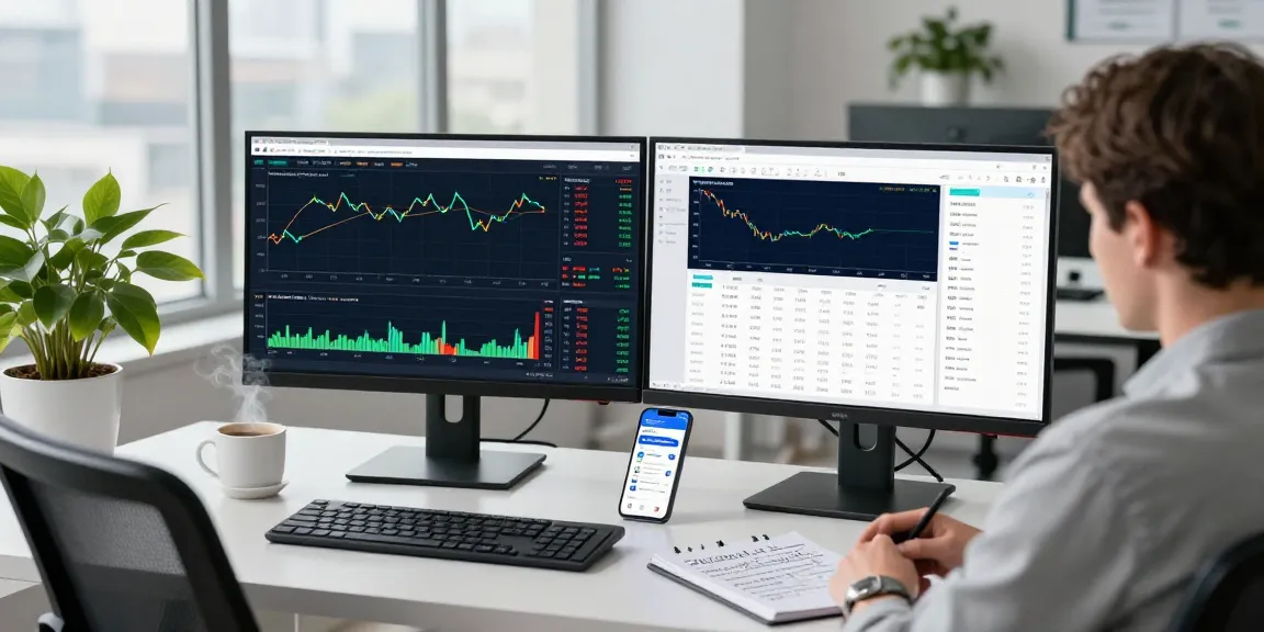 Trader using MetaTrader 4 on dual monitors with live forex charts and analyses in a modern office.