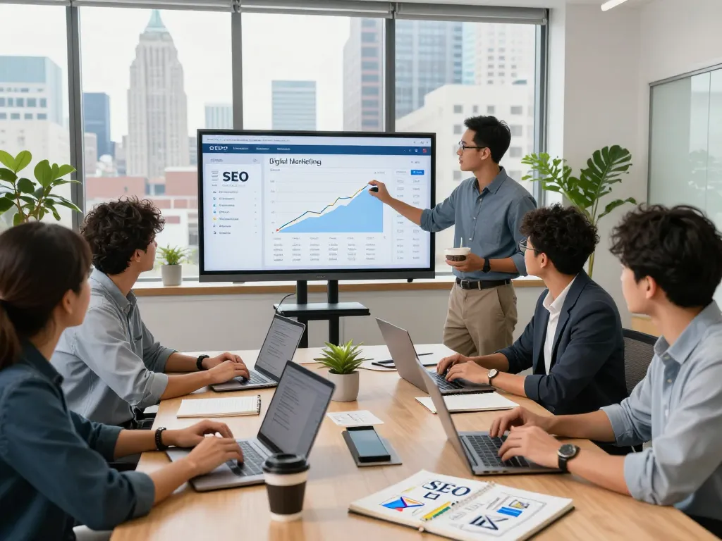 Collaborative team meeting at an NYC SEO Company showcasing strategic digital marketing discussions and analytics.