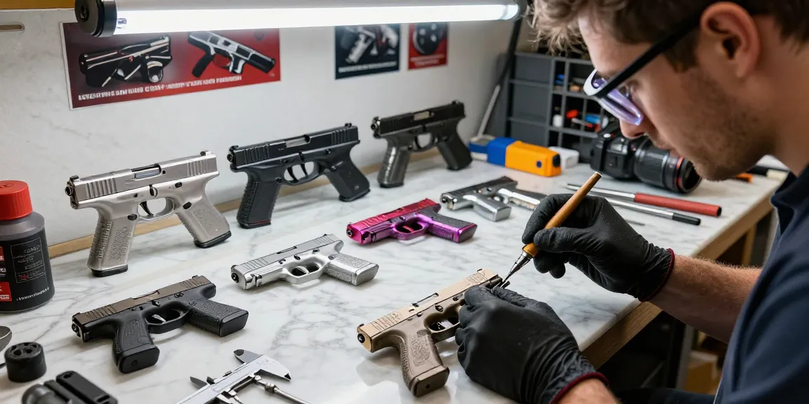 Precision Glock slides modification process at https://precisionglockslides.com showcasing skilled gunsmith with tools.