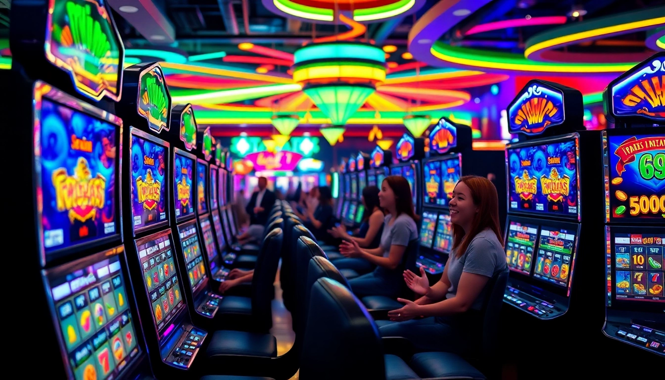 Jelajahi permainan slot pulsa 5000 dengan penuh keseruan dan berwarna-warni dalam suasana kasino yang energik.