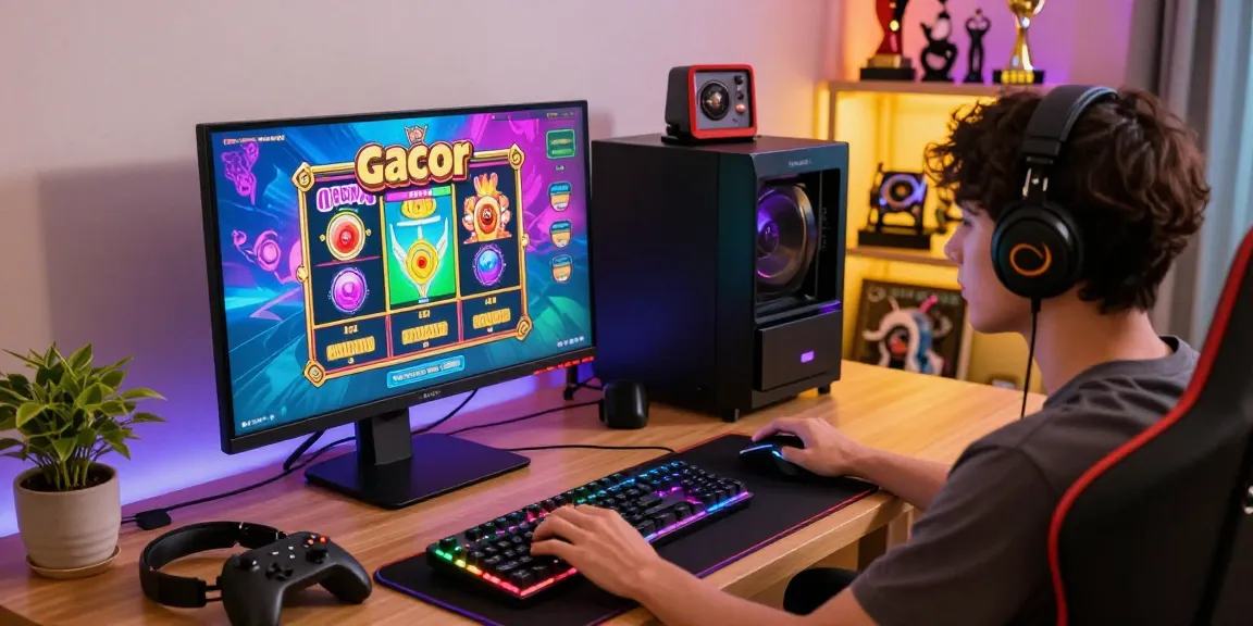 Engaging gamer playing slot gacor on high-resolution display with colorful graphics and dynamic lighting.
