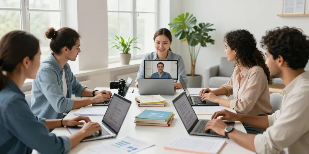 Interactive online English learning session with diverse adults studying Toto.