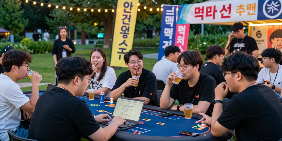 Community gathering discussing 먹튀검증 추천 먹튀스팟 with laptops and drinks at a pop-up event.