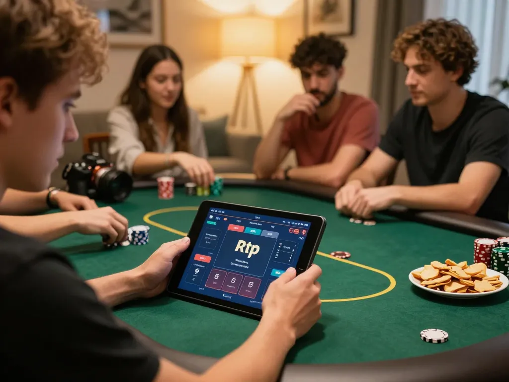 Engaging moment at home gaming session with Rtp Dewapoker gameplay on tablet, emphasizing responsible gambling.