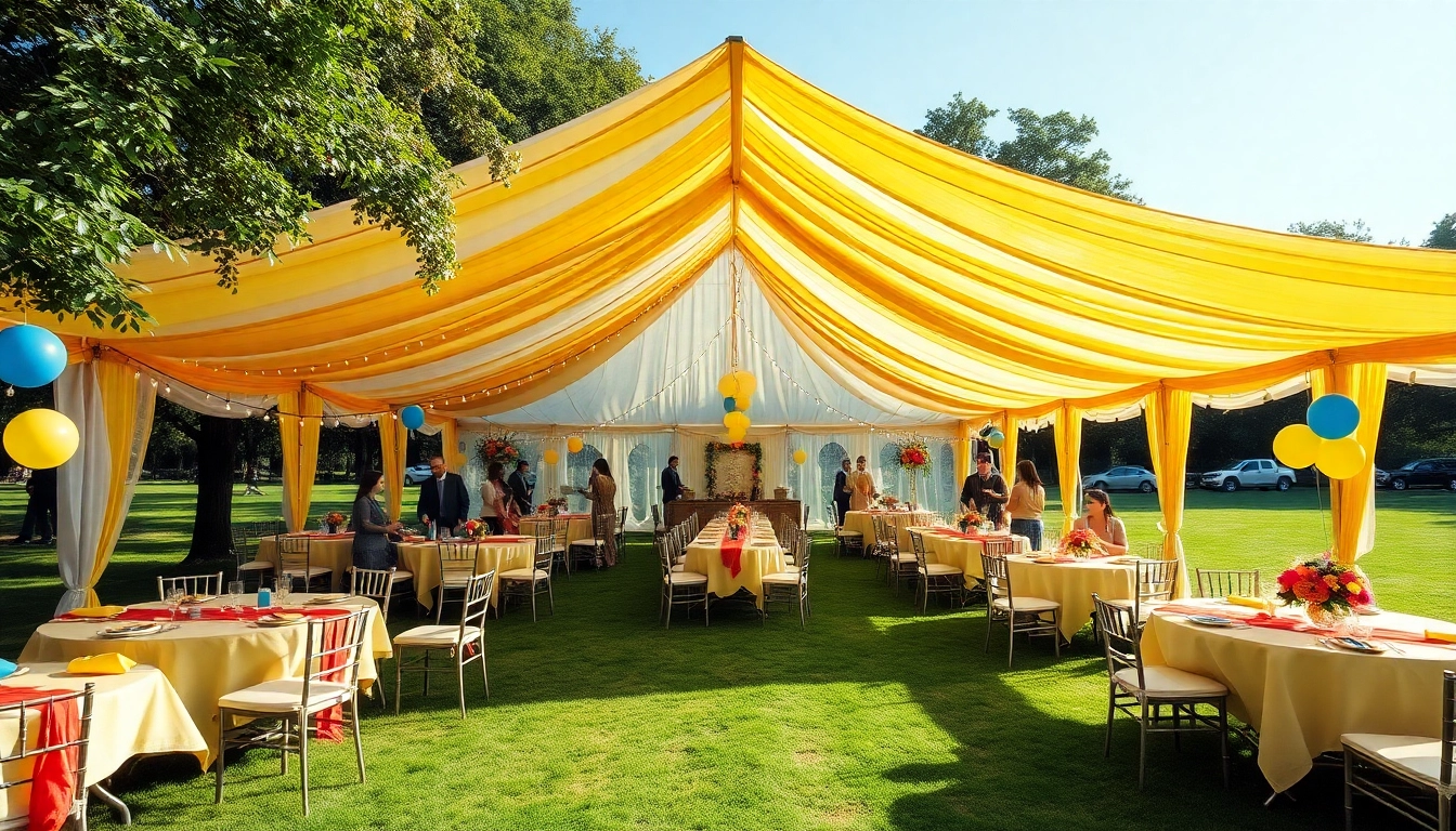 Enjoying Party Tent Rentals set up for a festive outdoor celebration with vibrant decorations.