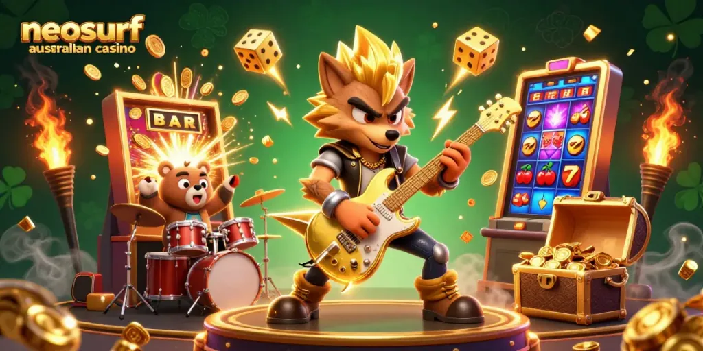 Experience excitement with neosurf australian casino, featuring a vibrant 3D rock star wolf and winning elements.