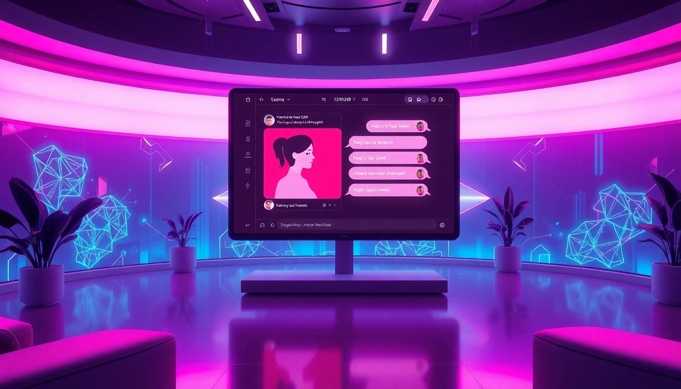 AI sex chat interface with a digital character in a futuristic setting.