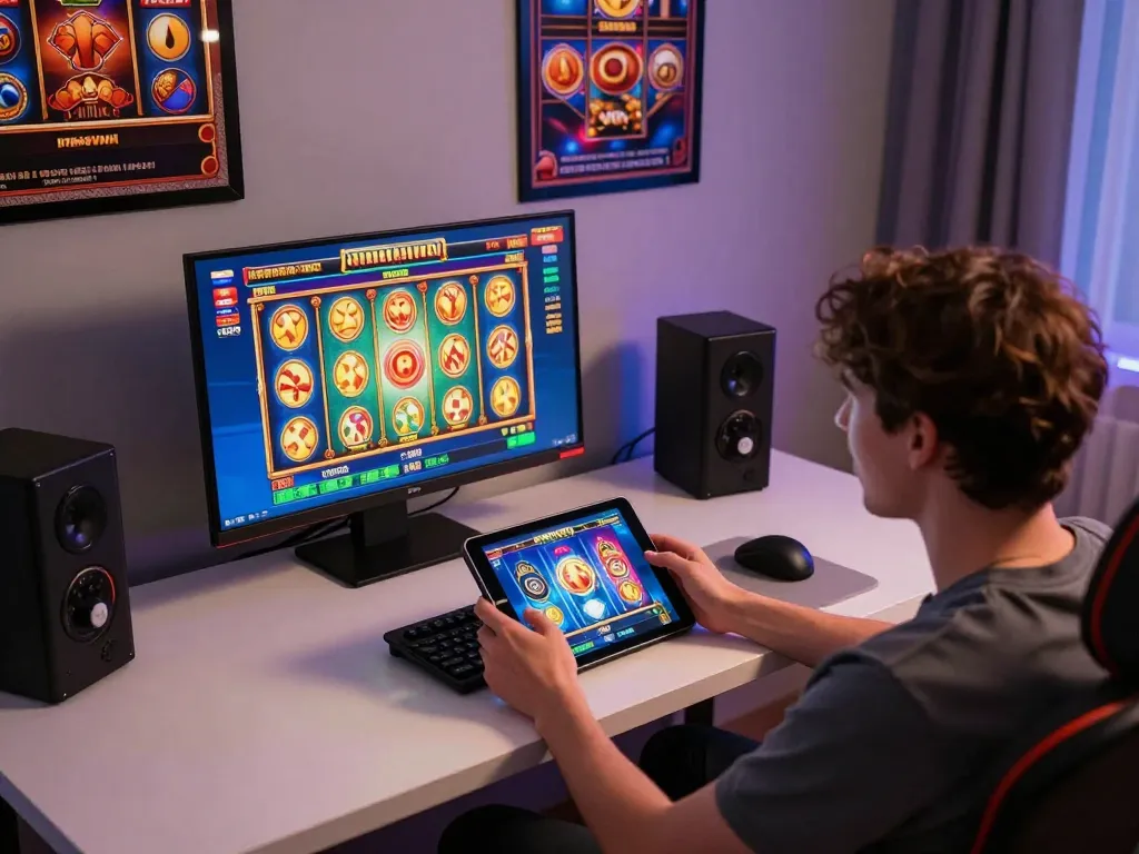Player enjoying a thrilling toto slot game on a tablet in a stylish home setup.