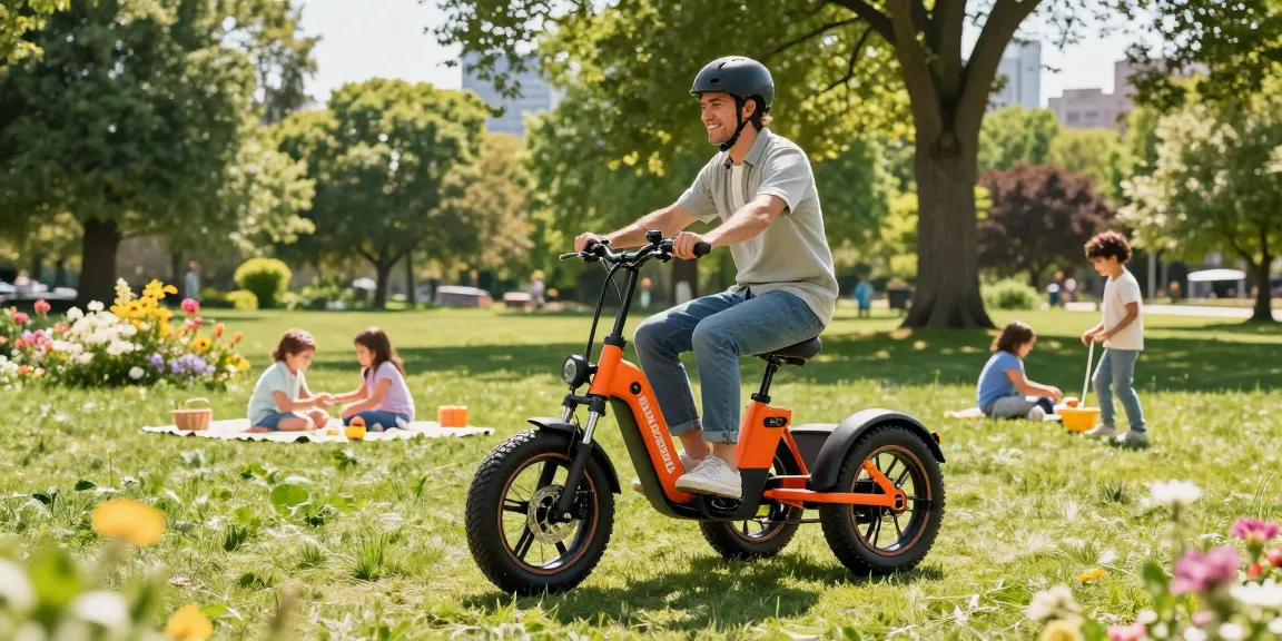 Experience the best electric tricycles with a rider enjoying a Scout tricycle in a vibrant outdoor park.