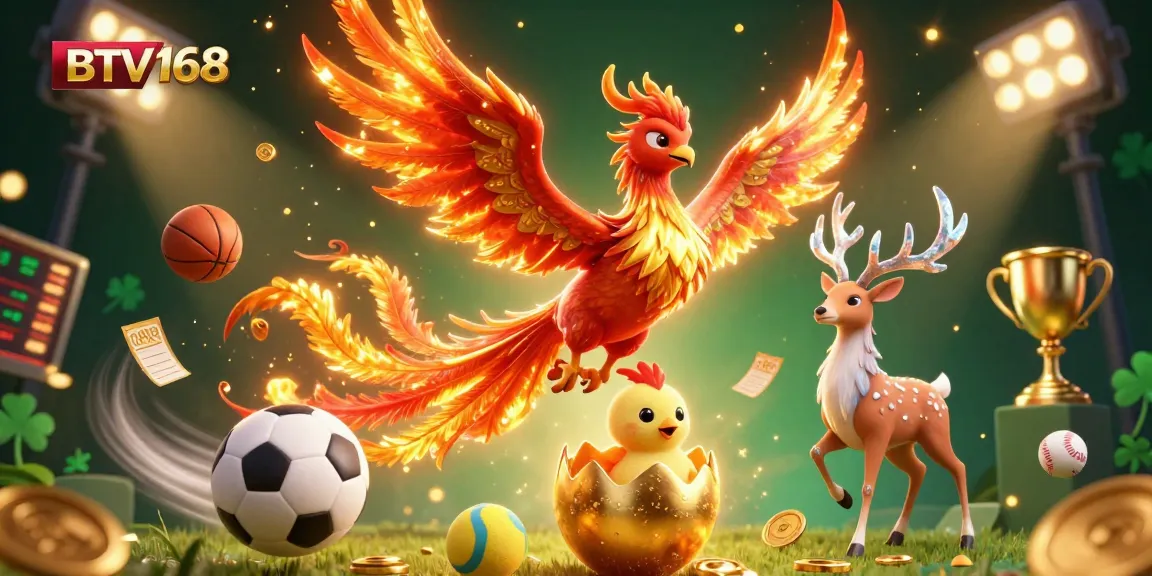 BTV168 launches thrilling sports betting with dynamic phoenix and stag illustration.