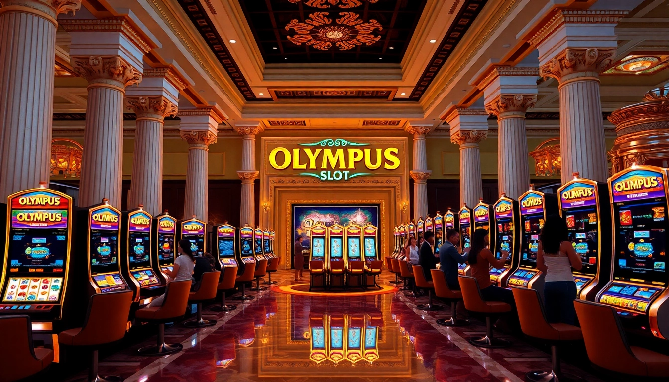 Para pemain terlibat dalam kegembiraan permainan Olympus Slot di lingkungan kasino mewah.