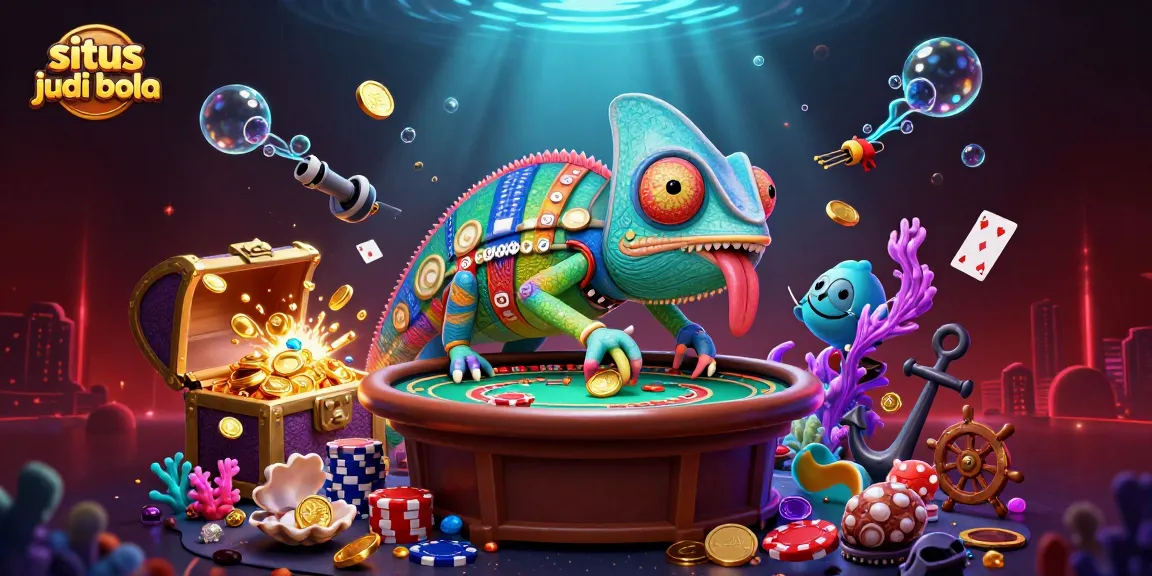 Experience situs judi bola with a vibrant chameleon casino owner engaging players amid treasures and game elements.