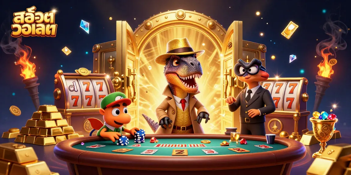 Spin to win with สล็อตวอเลท in this vibrant illustration of a casino scene with animated dinosaurs.
