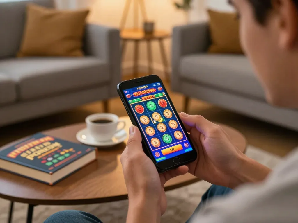 Sitting comfortably at home, a player enjoys situs slot bet 200 on their smartphone during an online gaming session.