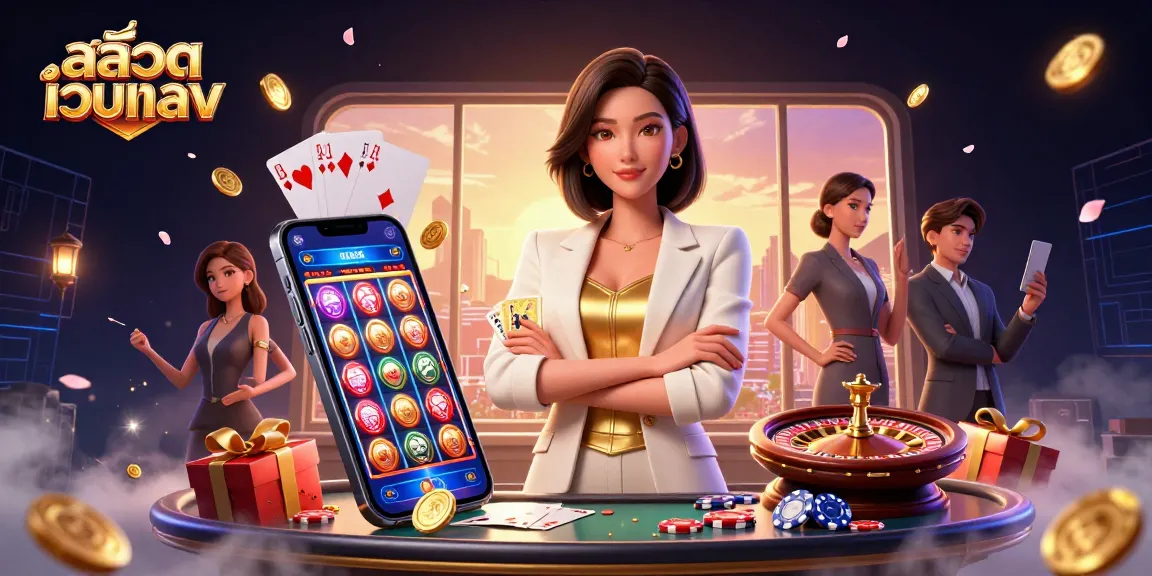 Play exciting slot games at สล็อตเว็บตรง with a photorealistic Asian businesswoman showcasing golden cards against a casino-themed backdrop.