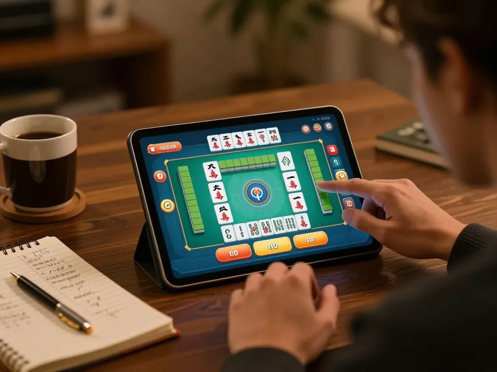 Engaging Mahjong slot gameplay on a tablet in a cozy home environment.