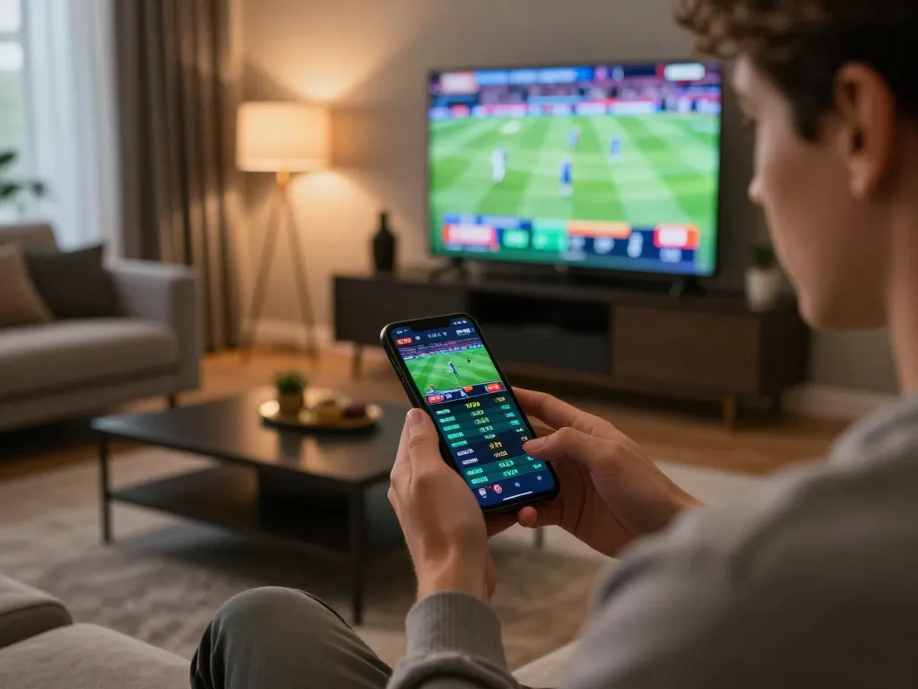 Person engaging in online sports betting with Nhà cái MM88 on smartphone in modern living room