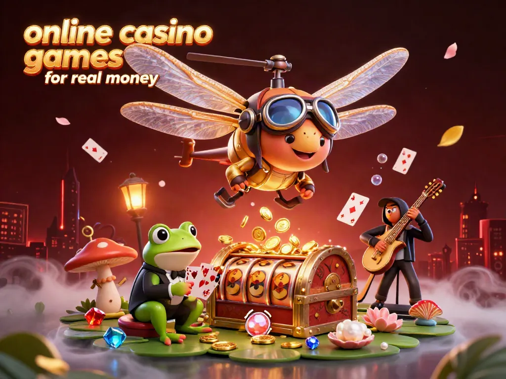 Engaging scene of online casino games for real money with characters playing at a lily pad casino