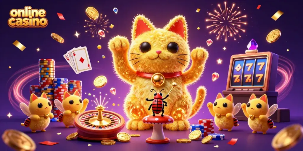 Experience the magic of online casino with golden fireflies shaped like a lucky cat, surrounded by casino symbols.