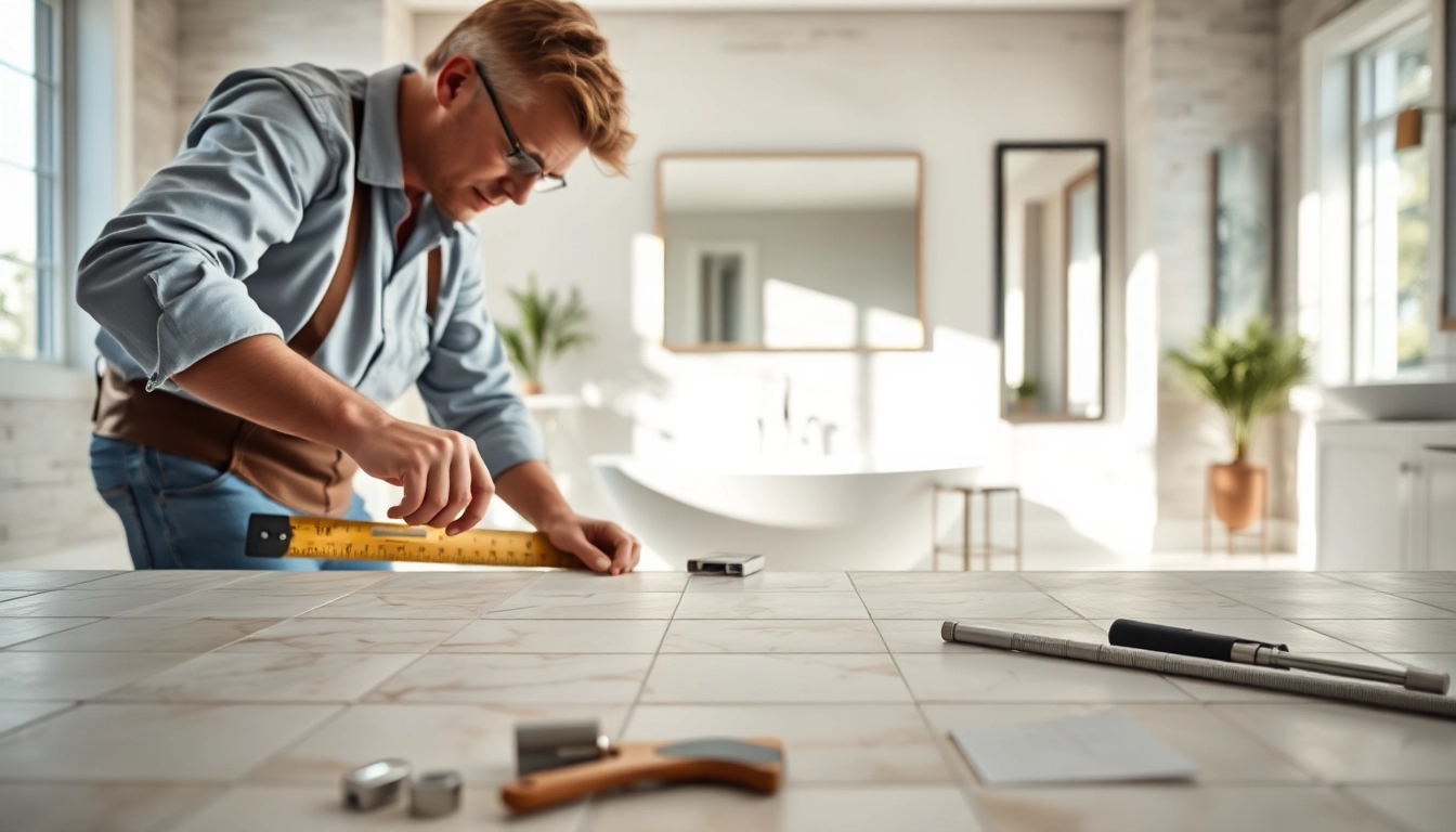 Professional bathroom remodeling contractors measuring tiles in a modern bathroom setup.