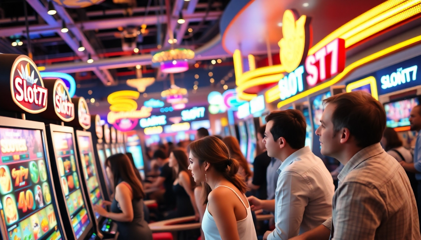 Slot77 mesin permainan dengan kerumunan pemain di kasino yang cerah dan energik.