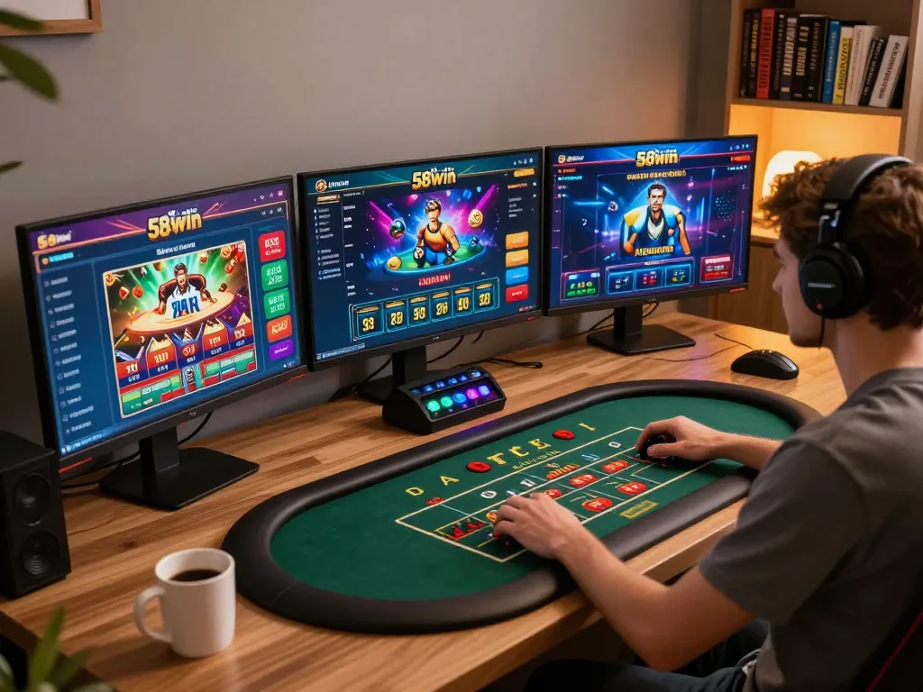 Experience 58win online with a cozy home gaming setup featuring live dealer games and strategy books.