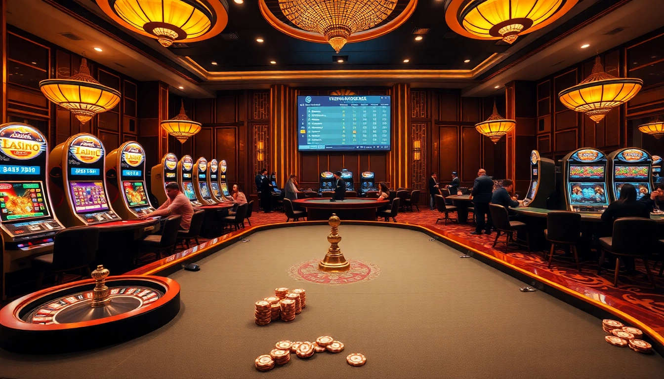 Experience high-stakes gaming at ev88 with an elegant casino scene featuring roulette, blackjack, and energetic players.