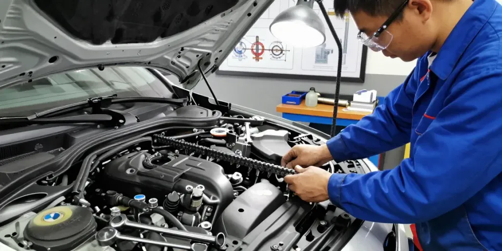 Mechaniker beim BMW Steuerkette wechseln in einer Werkstatt, Werkzeuge und Teile sichtbar.
