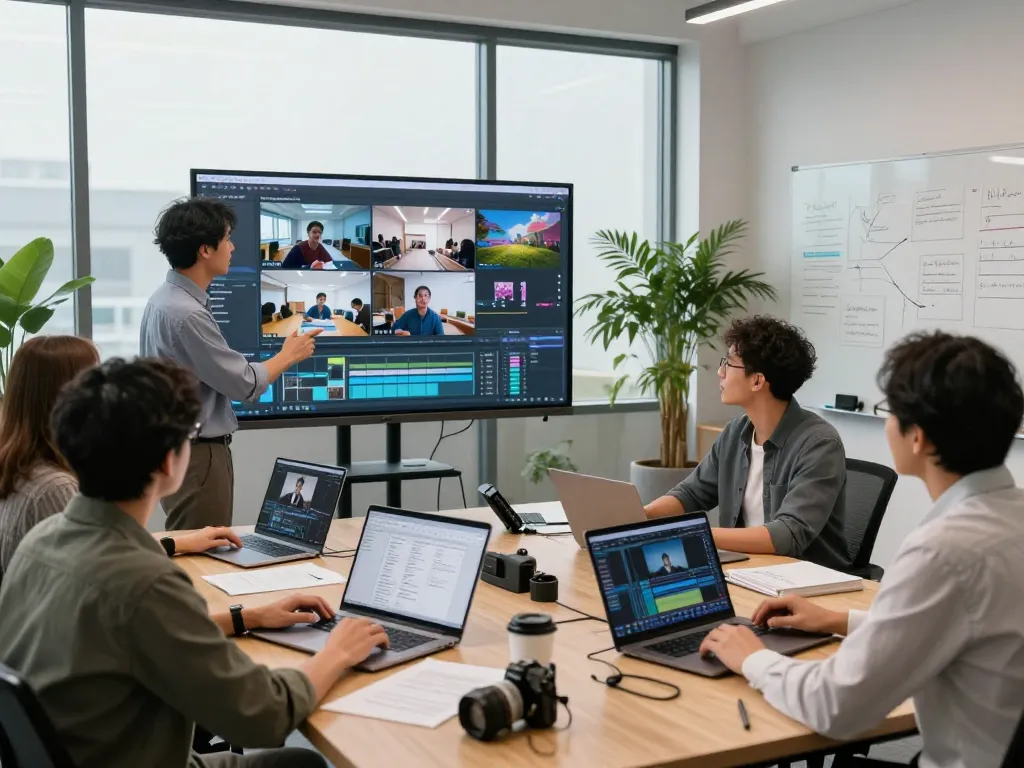 Creative team collaborating on Seedance 2.0 video production in a modern workspace.