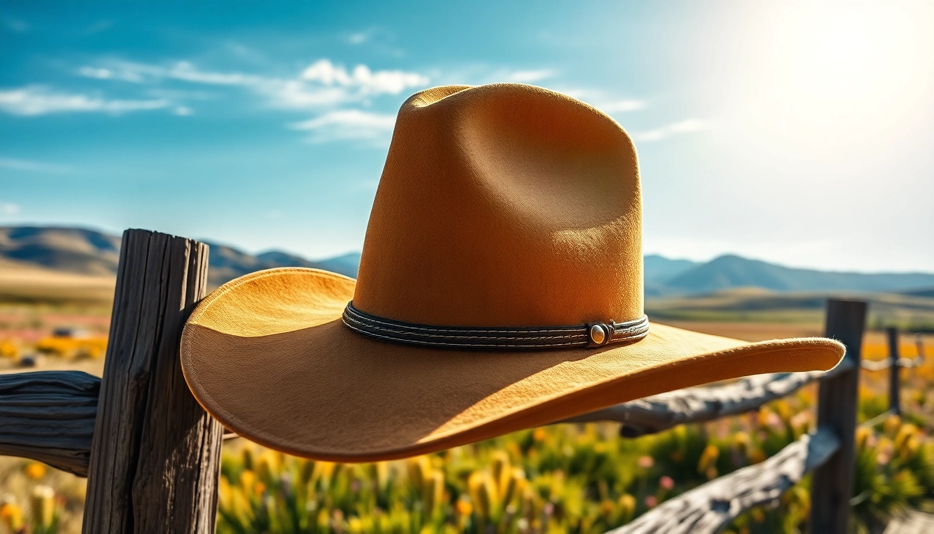 Showcasing Cowboy Hats with intricate designs on a rustic fence in a sunny field.