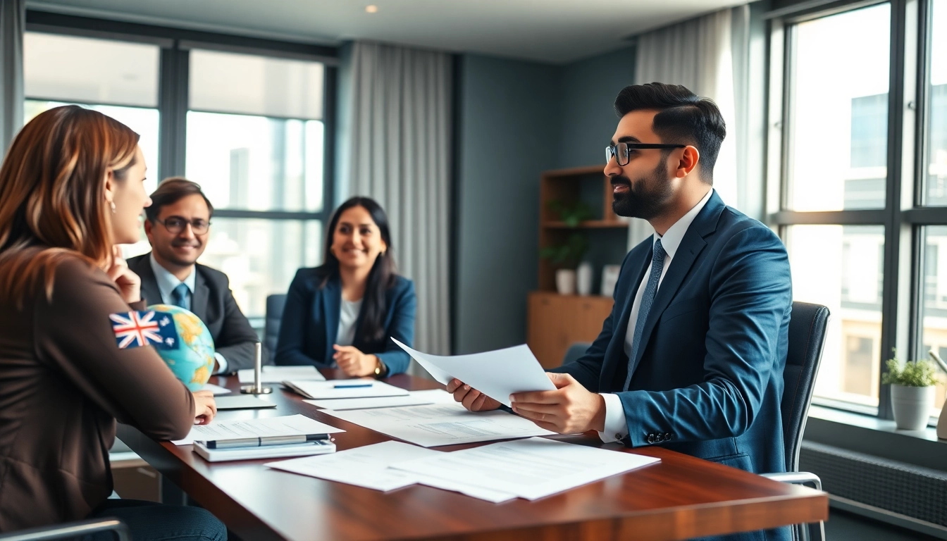 Migration lawyer Melbourne consulting a diverse couple on visa options in a professional office.