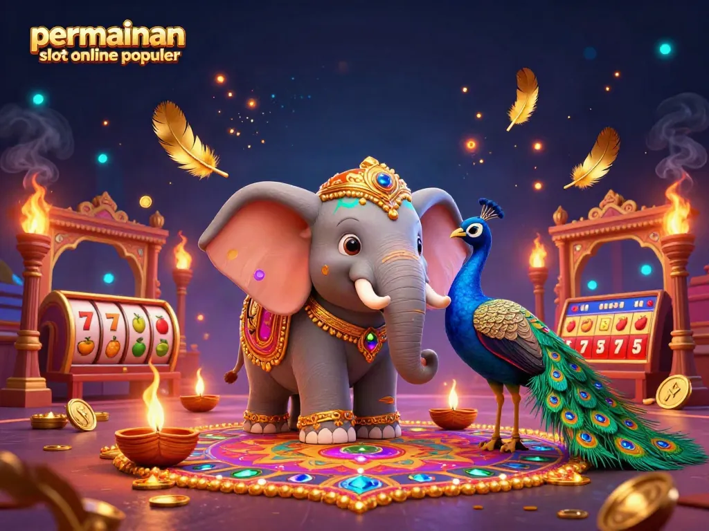 Jelajahi permainan slot online populer dengan ilustrasi penuh warna dan elemen kasino yang kaya.
