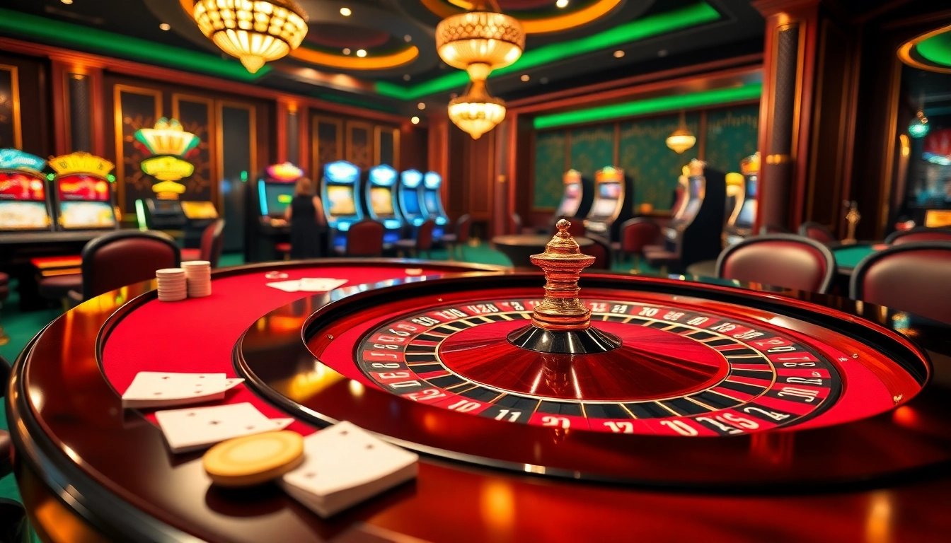 Vivez le frisson des meilleurs casinos en ligne avec une table de roulette luxueuse et des éléments de poker vibrants.
