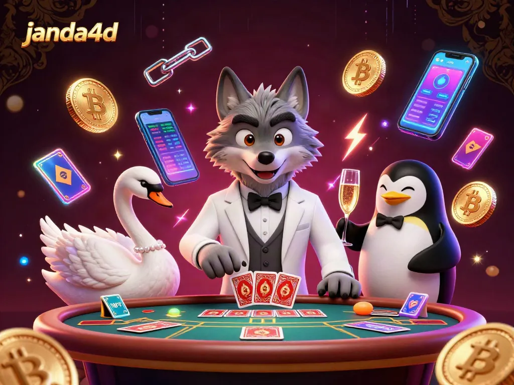 Bermain janda4d dengan karakter serigala dan penguin di suasana kasino yang mewah.