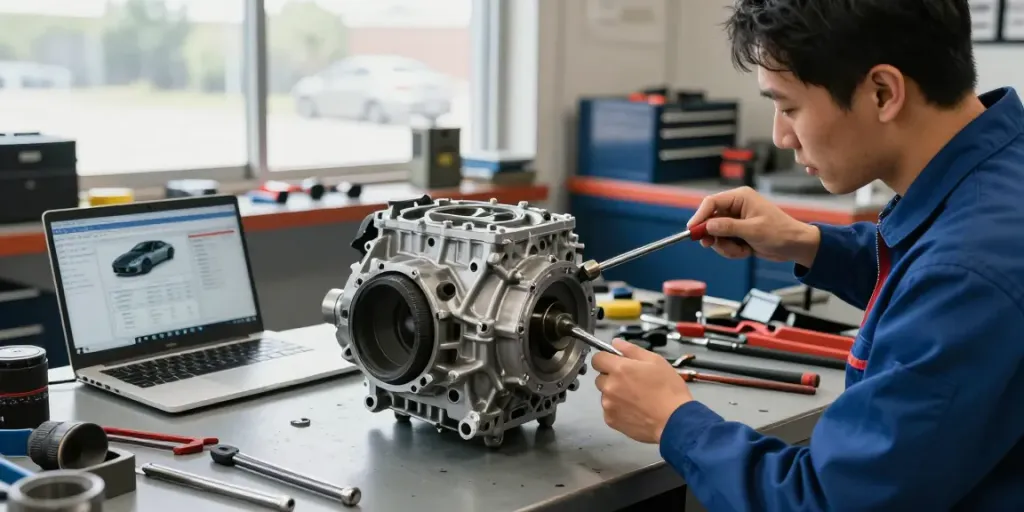 CD009 transmission for sale showcased by a mechanic in a bright workshop, highlighting automotive inspection.
