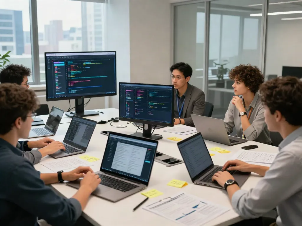 Team collaborating in modern workspace using a dataset search tool for efficient AI data management.