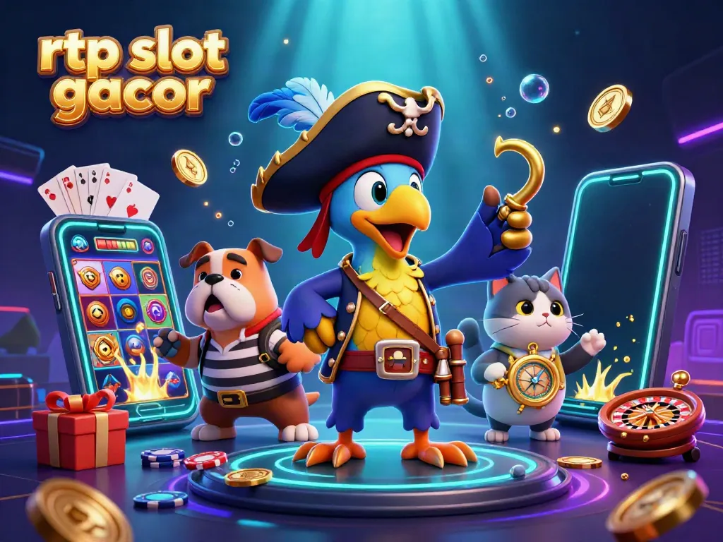 RTP slot gacor dengan karakter kartun 3D di latar belakang kasino