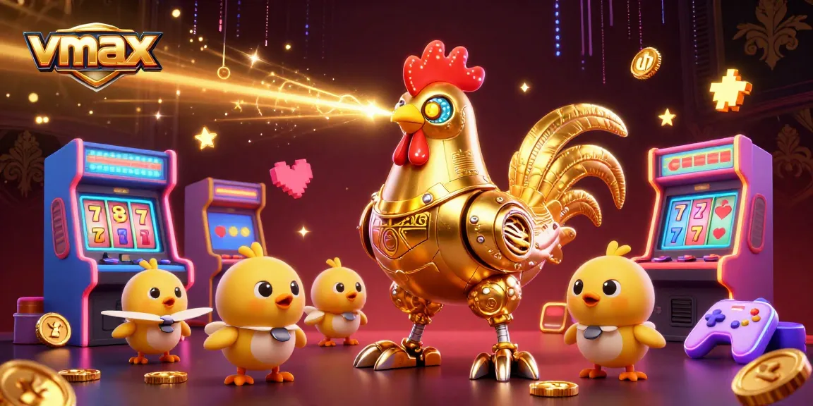 Vmax showcases vibrant 3D casino elements with a golden rooster robot and dazzling game machines.