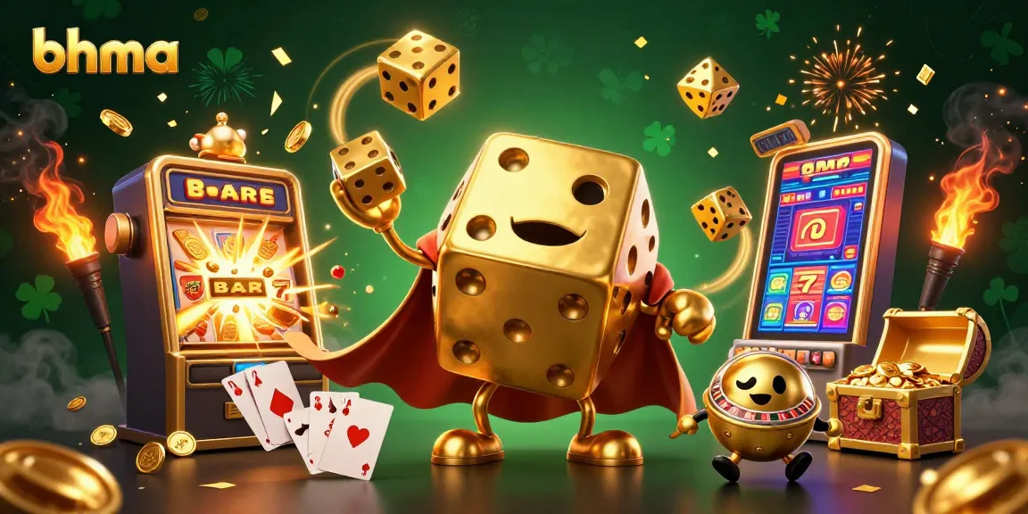 Engage with bhma's vibrant casino world featuring dynamic golden dice, slot machines, and energetic action.