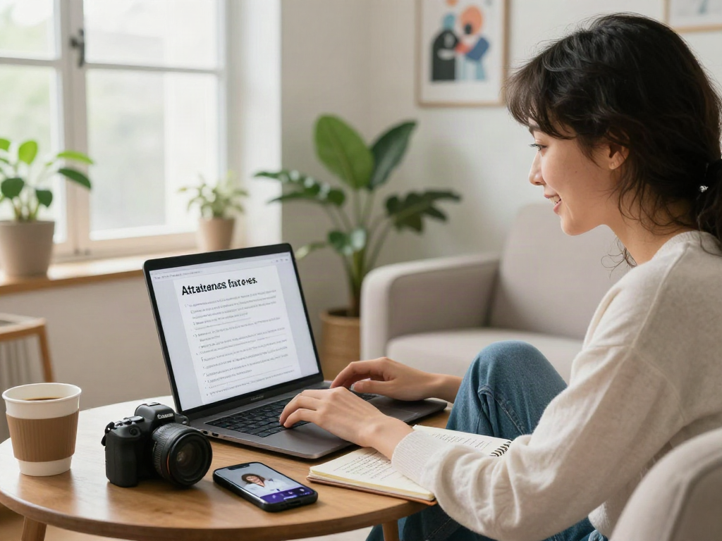 Person engaged in a test of attractiveness, seated at a cozy desk with a laptop, notebook, and plants.