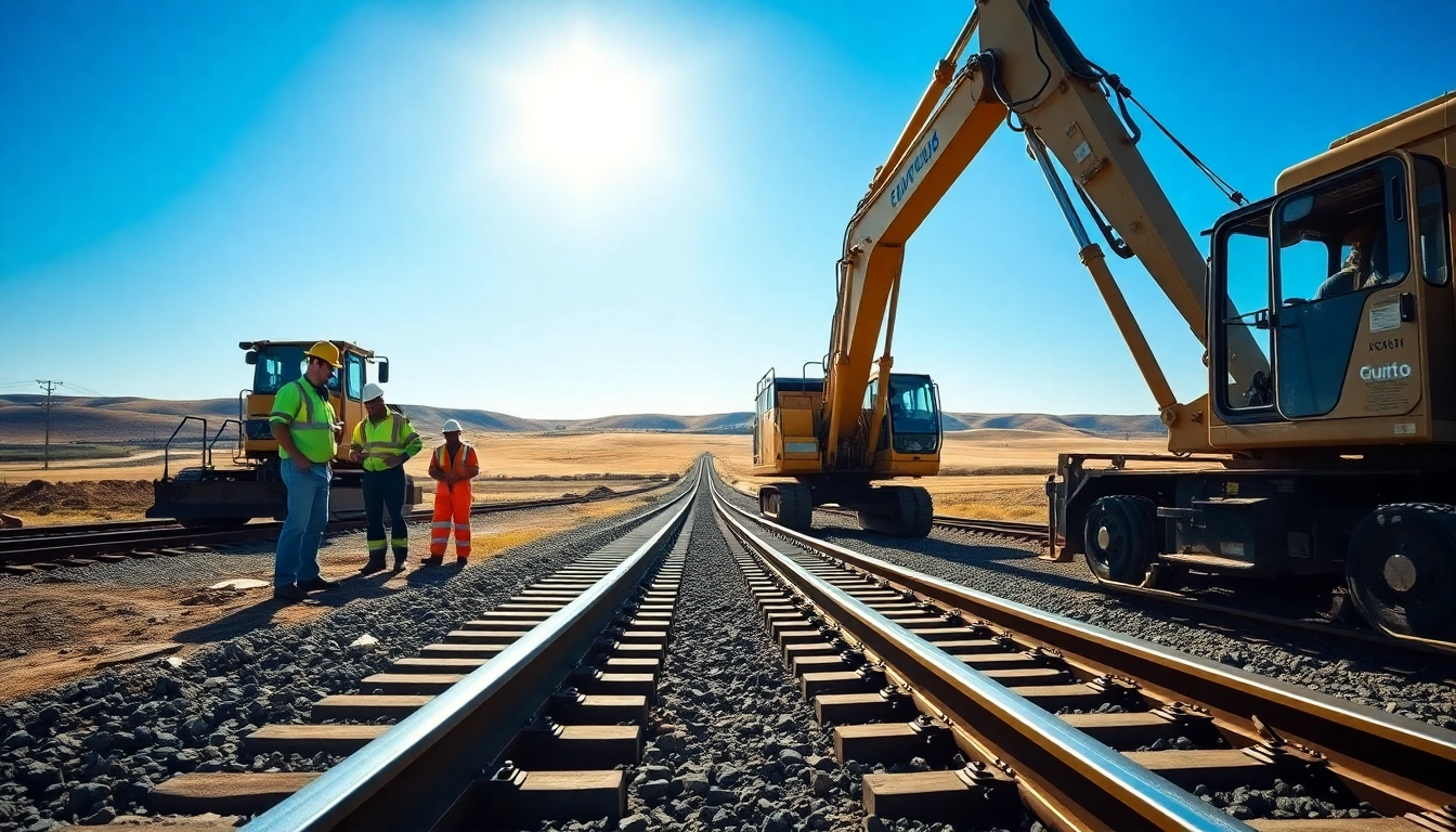 Great Plains Rail Contractors team working on railway construction with heavy machinery and scenic plains.