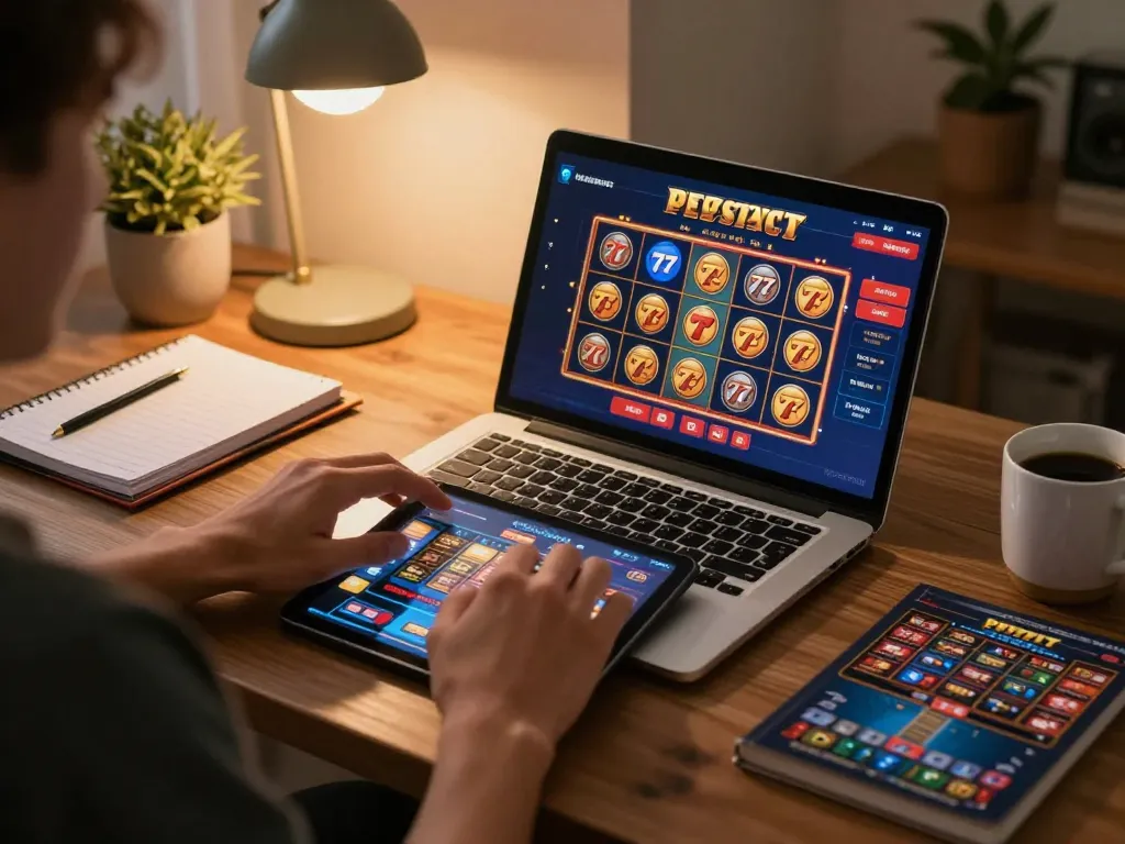 Engaging in strategic slot77 gameplay on a tablet in a cozy home office.