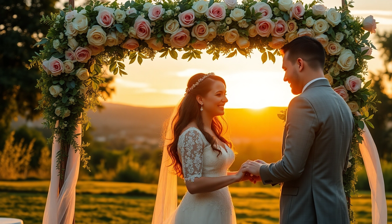 Couple sharing a moment in Wedding photography session under a floral arch surrounded by nature.