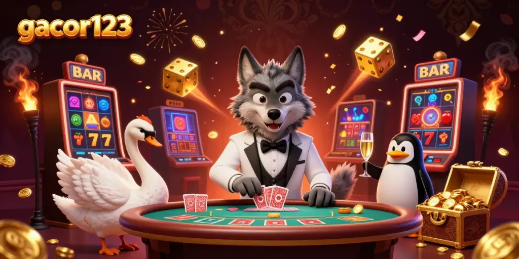 Experience thrilling gameplay with gacor123 at a baccarat table featuring a debonair wolf, swan dealer, and penguin sommelier.