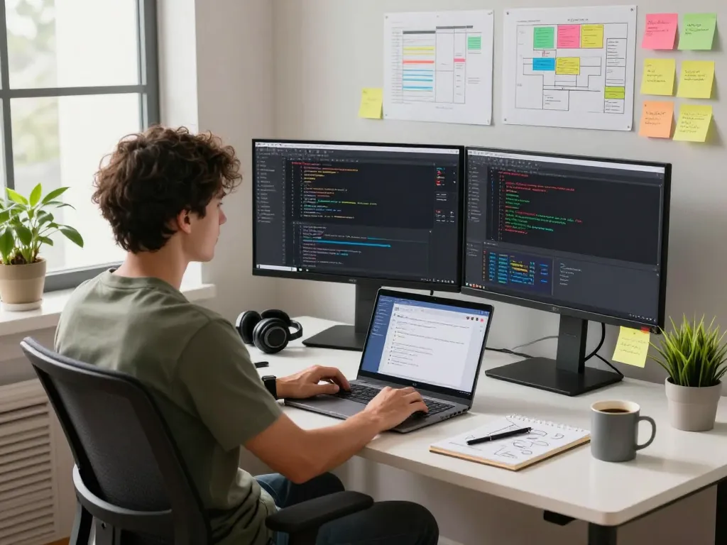 Developer using moltbot AI in a modern home office environment, showcasing productivity tools and workspace.