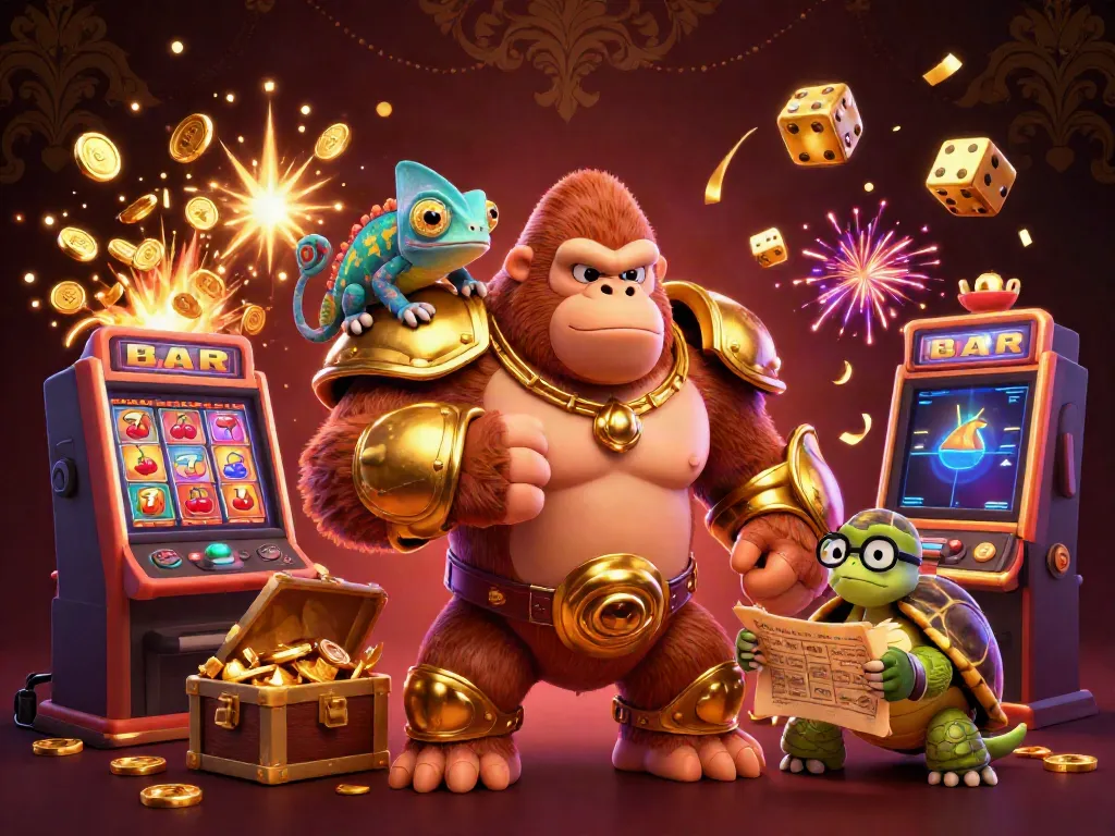 Experience the excitement of เกมสล็อตยอดนิยม with a vibrant scene featuring a golden-armored gorilla and colorful game elements.